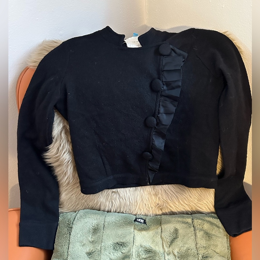 Anthropologie Sparrow Brand Black Wool Light Jacket with Ribbon design